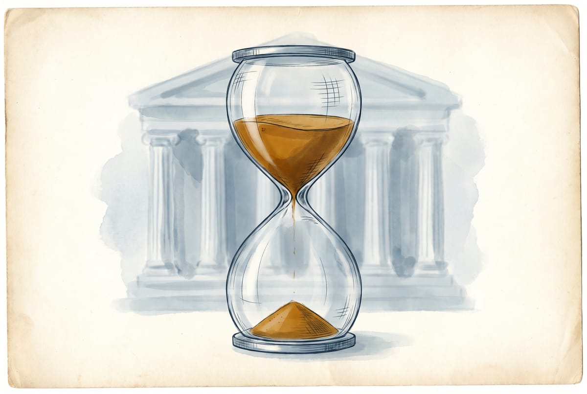 Conceptual editorial illustration: a tall hourglass with most of the sand still in the upper bulb, set against a faint watercolor silhouette of a classical bank facade with columns.