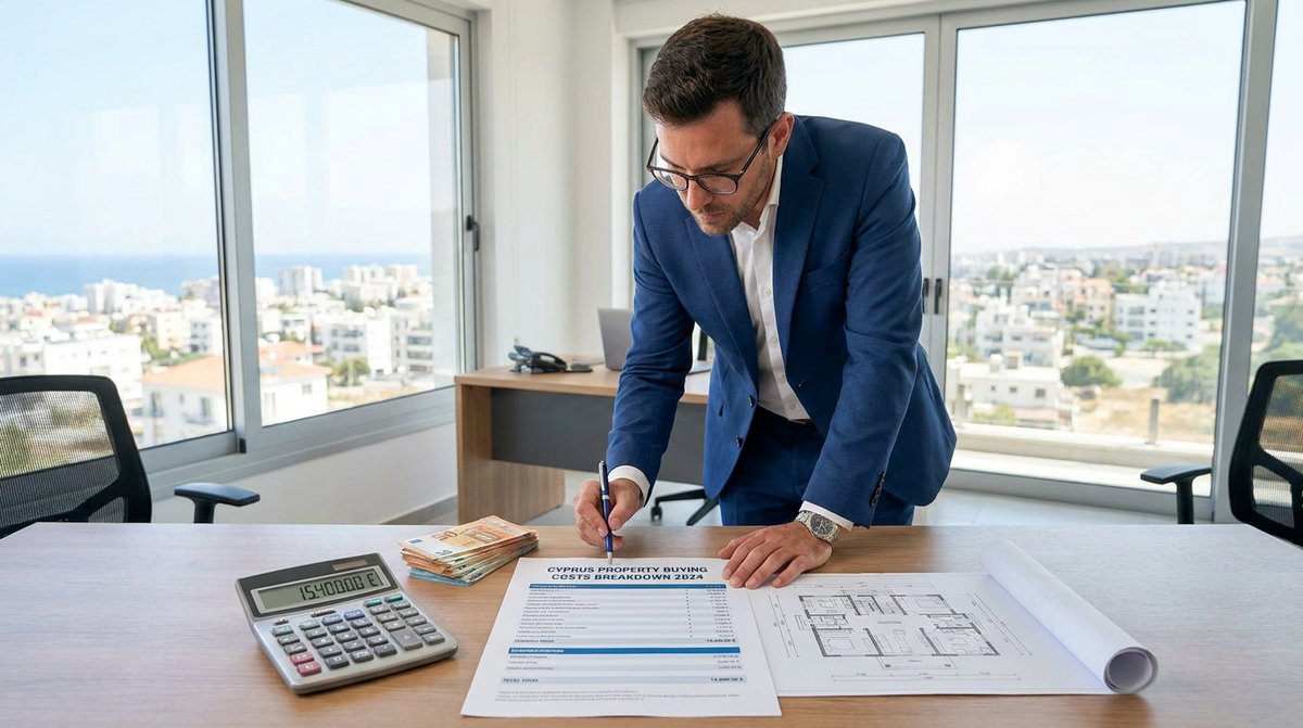 Cyprus property buying costs: a financial advisor reviewing a fee schedule with a calculator, euro notes and property floor plan on the desk.