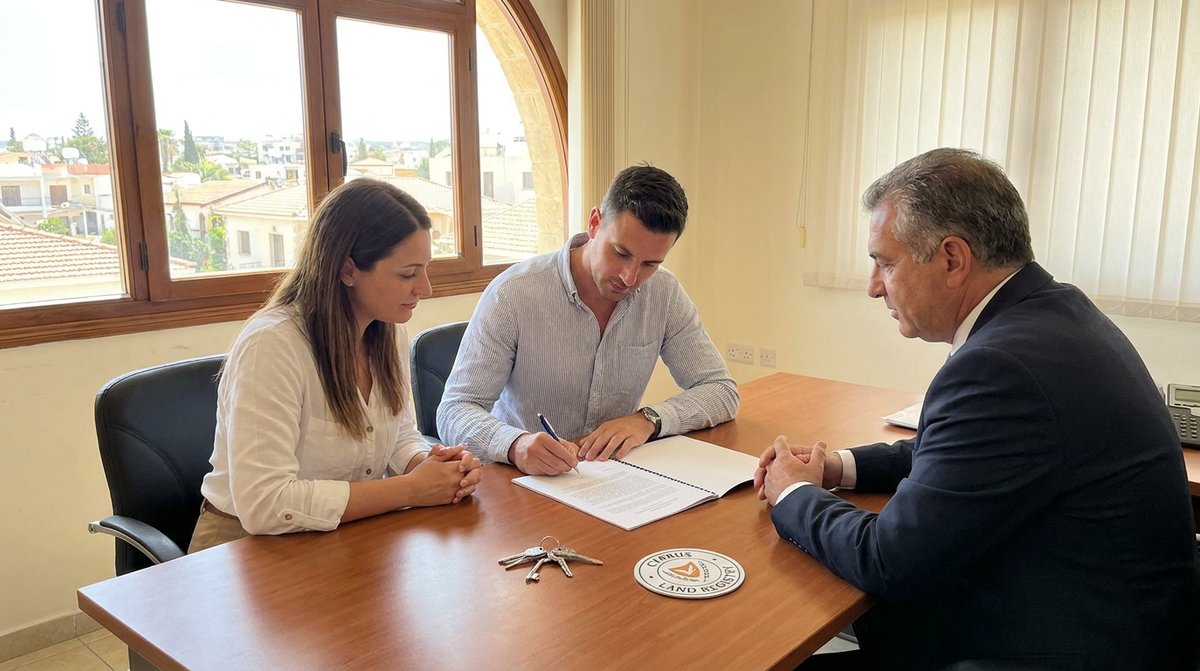 Cyprus property purchase: a lawyer and couple signing a sale contract at a notary desk, house keys visible, professional Mediterranean legal office in natural daylight.