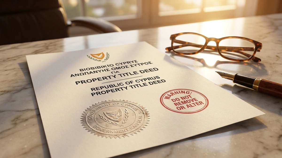 Cyprus title deed: an official government-stamped property title certificate with raised seal on a marble desk, reading glasses and fountain pen beside it.