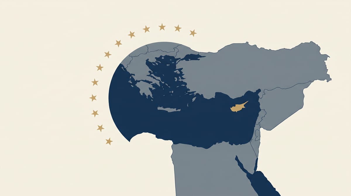 Editorial map of the eastern Mediterranean showing Cyprus highlighted in gold, with twelve EU stars curving along the upper edge.