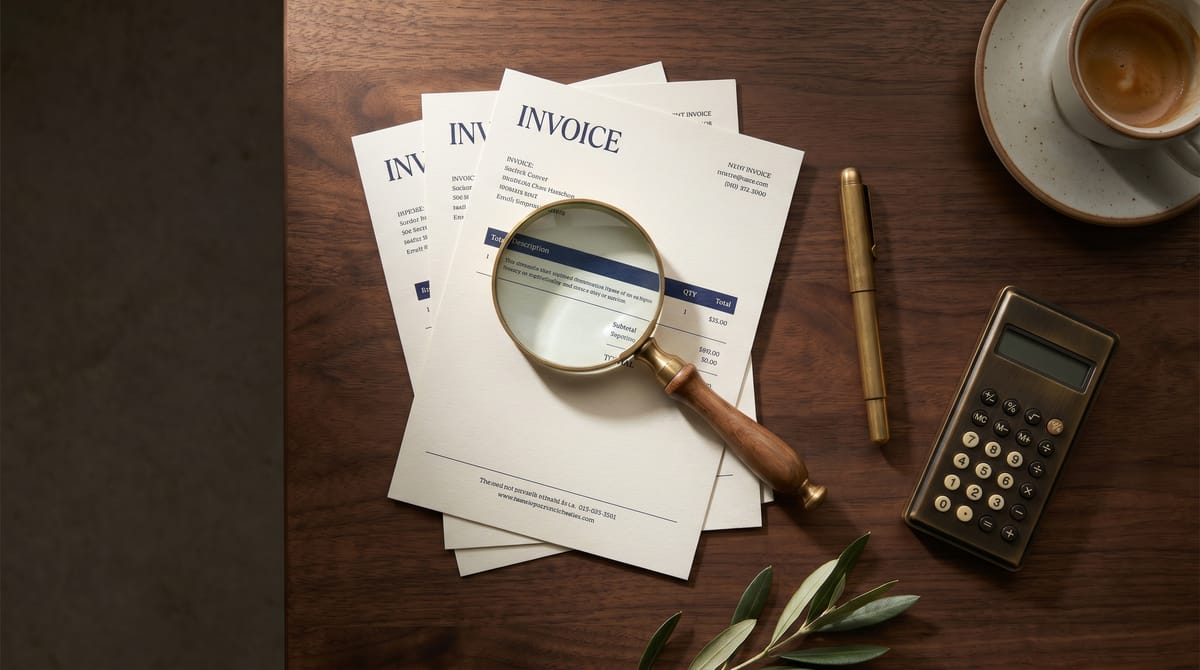 Cyprus company formation cost detail: a stack of printed invoices, a magnifying glass over an itemised pricing line, a fountain pen, and a small calculator on a wooden desk in warm daylight.
