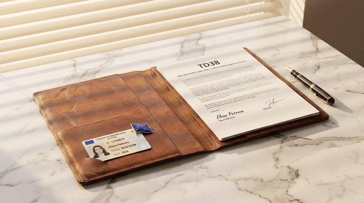Cyprus non-dom status: an open portfolio folder with a signed TD38 declaration form, Cypriot tax identification card and EU flag pin on white marble desk in warm Mediterranean afternoon light.