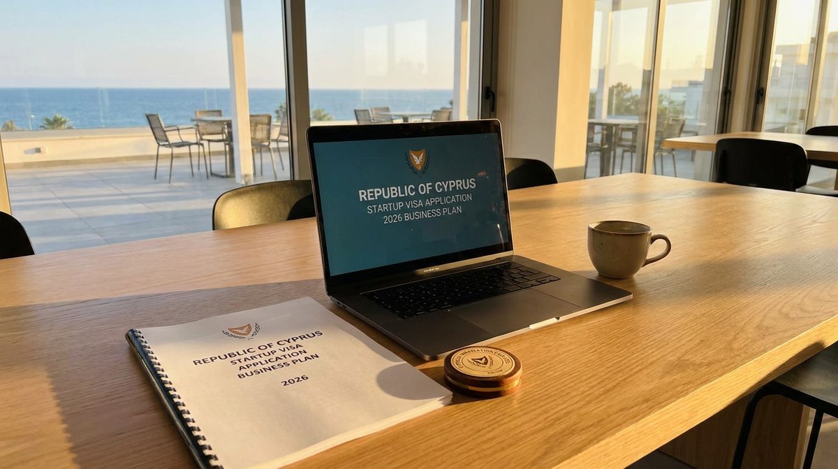 Cyprus startup visa 2026: business plan and laptop on a modern Mediterranean co-working desk, warm afternoon light.
