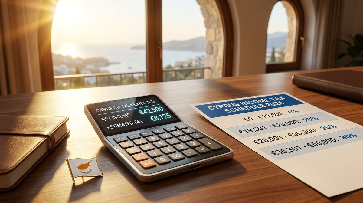 Cyprus tax calculator 2026: a calculator, printed tax schedule and Cyprus flag pin on a walnut desk in warm Mediterranean afternoon light.