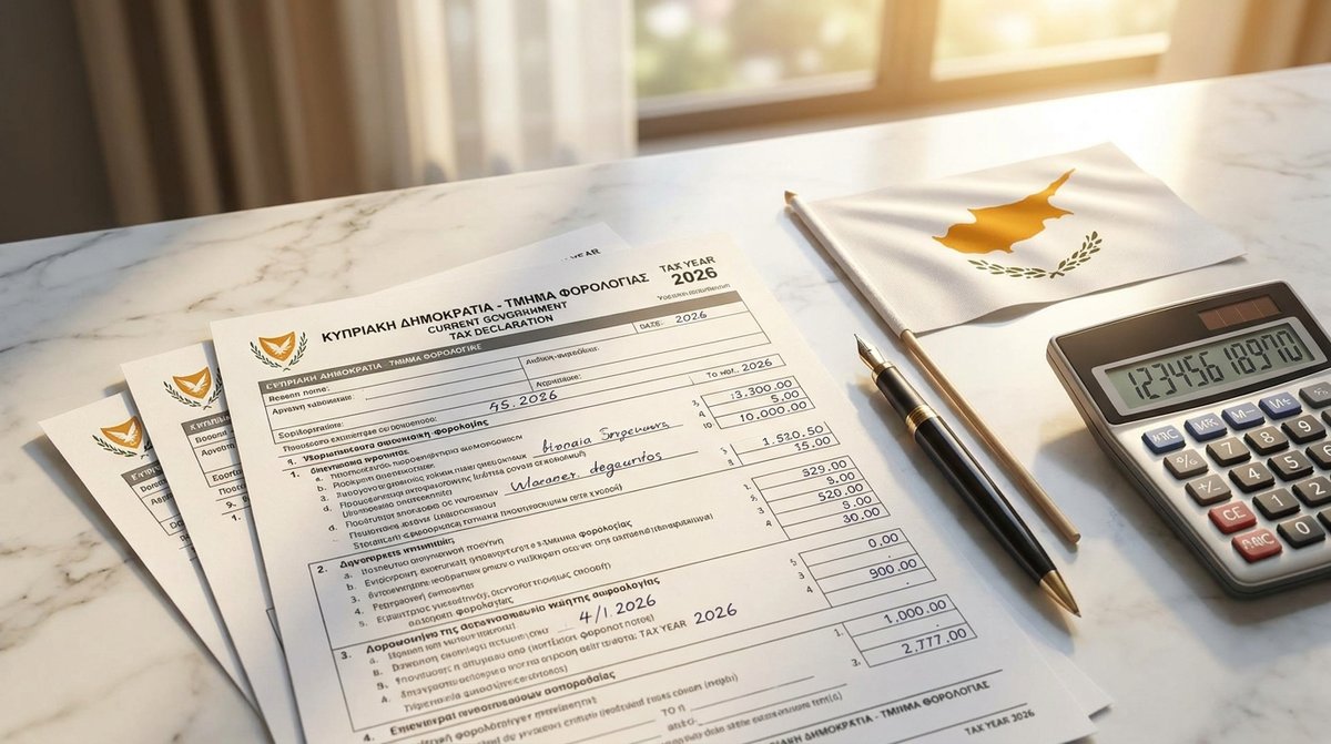 Cyprus tax guide 2026: government tax declaration forms, a fountain pen and a calculator on a marble desk in Mediterranean afternoon light.