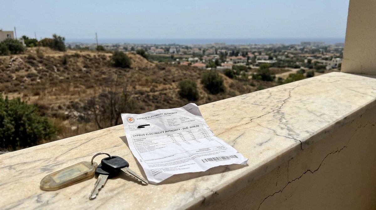 Disadvantages of living in Cyprus: an electricity bill and car keys on a sun-bleached marble balcony railing overlooking a dry summer hillside.