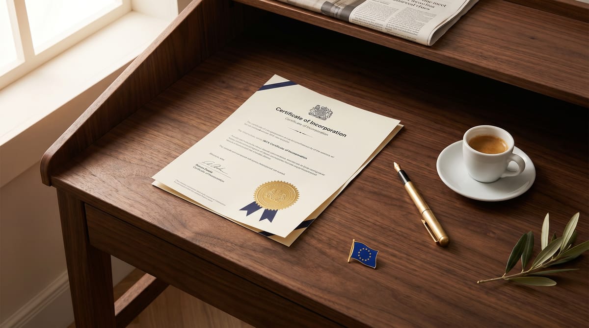 Cyprus company formation essentials laid out on a wooden desk in Mediterranean morning light: a folded Certificate of Incorporation with an embossed gold seal, a fountain pen, an espresso cup, an EU flag pin and an olive branch.