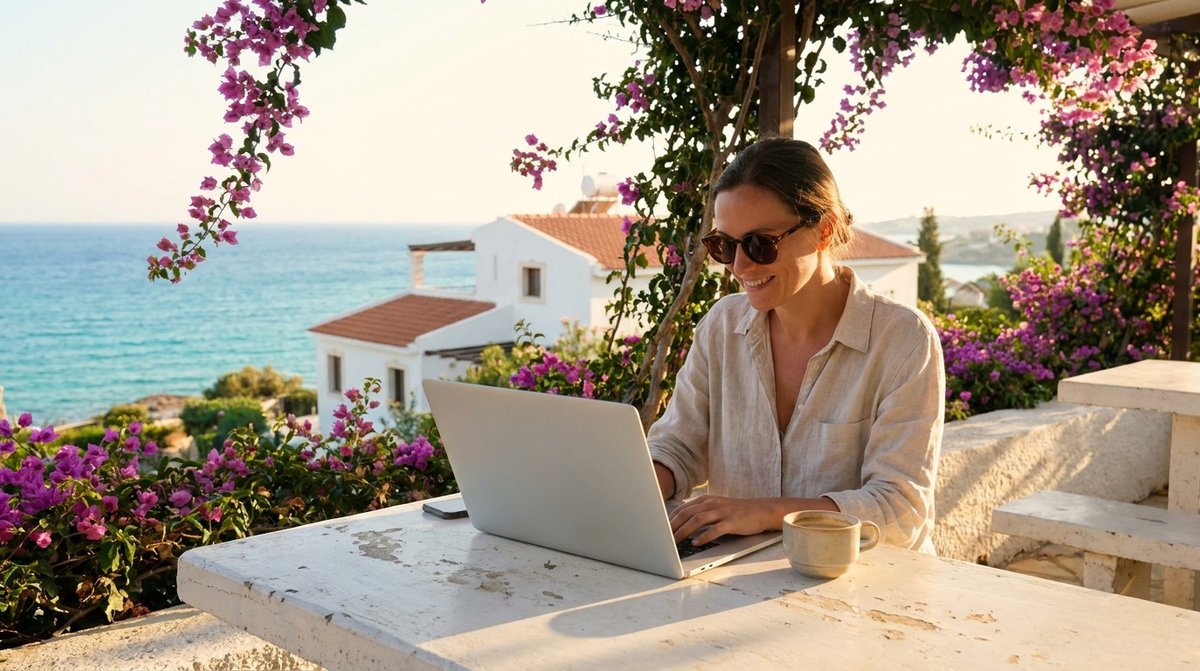Living in Cyprus: a woman on a sunlit terrace overlooking the turquoise Mediterranean sea, laptop and coffee cup on a white stone table, bougainvillea framing the view.