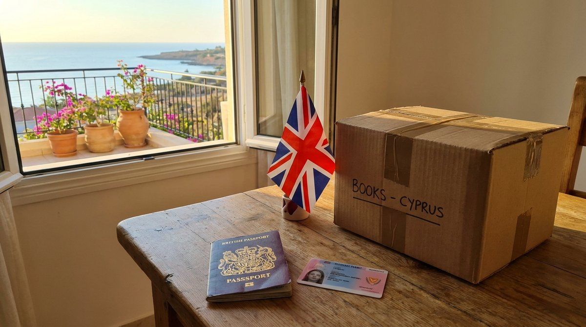 Moving to Cyprus from UK: a British passport and Cyprus residence permit card on a wooden desk beside a small Union Jack flag and a packed moving box.