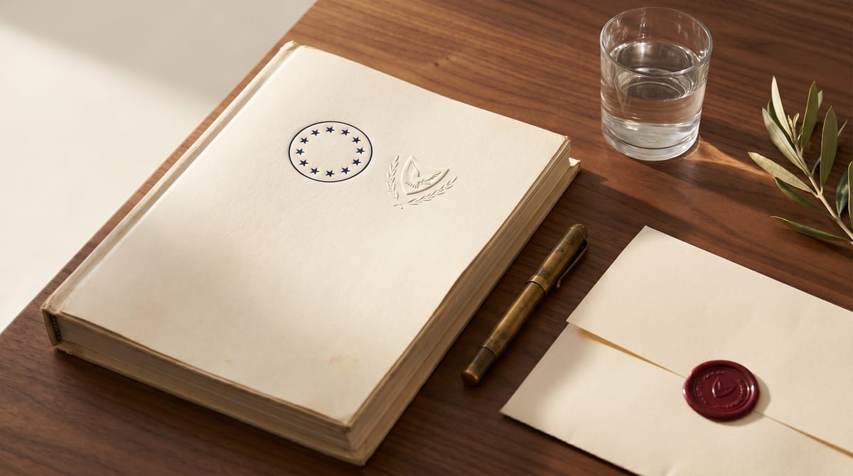 The institutional reality behind the 'Cyprus offshore company' search term: a compliance binder embossed with EU and Cyprus seals, a stamped certificate, brass pen and olive branch on a polished walnut desk.