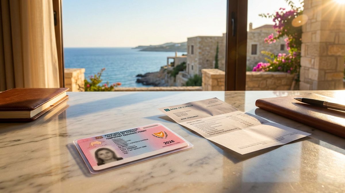 Cyprus pink slip temporary residence card: a pink biometric residence card and bank statement on a marble desk with a Mediterranean coastal view.
