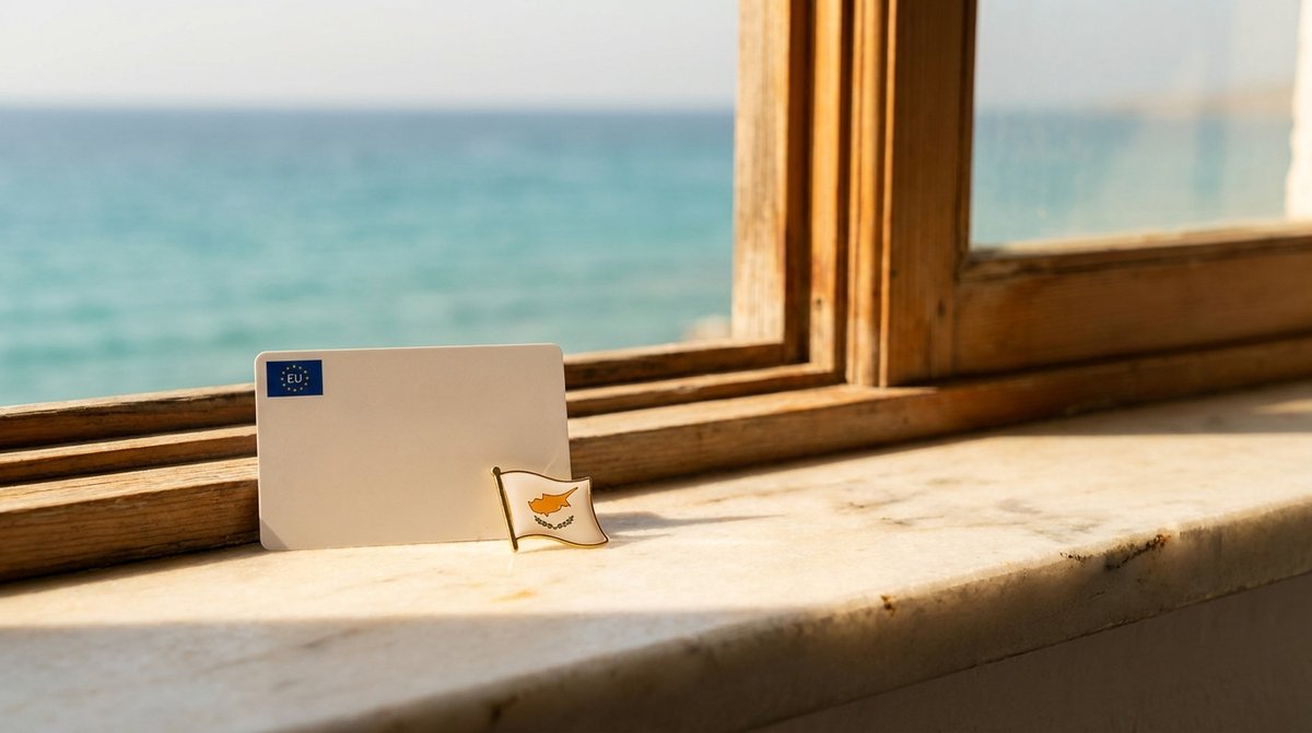 Cyprus residency: a biometric residence card and a Cypriot flag pin resting on a sun-bleached marble surface overlooking a calm Mediterranean bay.