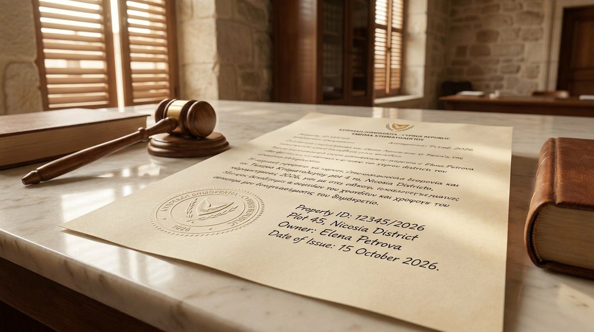 Cyprus title deed: an official land registry certificate with an embossed government seal on a marble desk in a Mediterranean legal office.